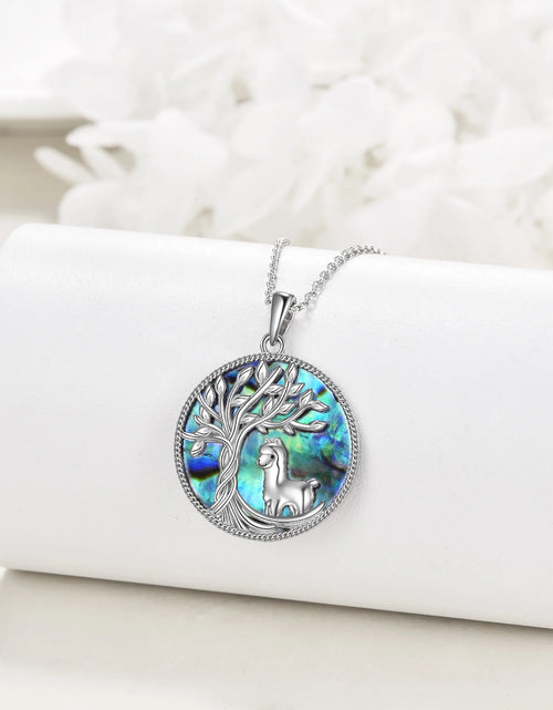 Load image into Gallery viewer, Tree of Life Alpaca Necklace Sterling Silver with Abalone Shell Animal Alpaca Pendant Jewelry Birthday Anniversary Mothers Valentines Day Gifts for Women
