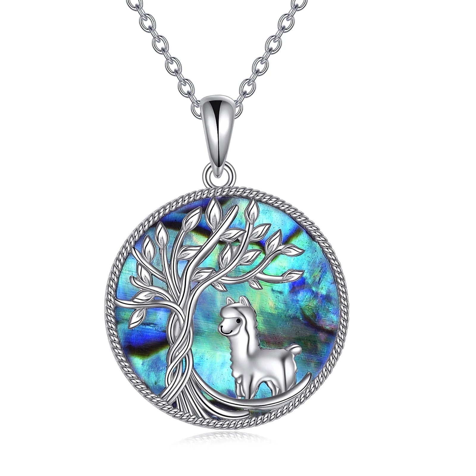 Tree of Life Alpaca Necklace Sterling Silver with Abalone Shell Animal Alpaca Pendant Jewelry Birthday Anniversary Mothers Valentines Day Gifts for Women