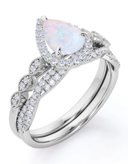 Load image into Gallery viewer, 1.5 Carat Pear Cut Lab Created Opal and Moissanite Vintage Engagement Ring - Halo Pave Bridal Set in 18K White Gold Plating for Women
