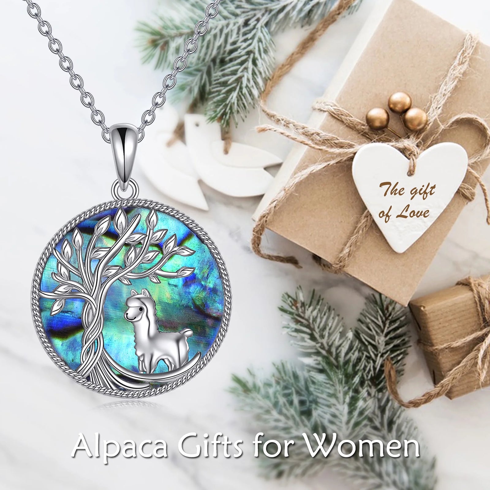 Tree of Life Alpaca Necklace Sterling Silver with Abalone Shell Animal Alpaca Pendant Jewelry Birthday Anniversary Mothers Valentines Day Gifts for Women