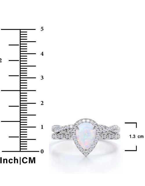 Load image into Gallery viewer, 1.5 Carat Pear Cut Lab Created Opal and Moissanite Vintage Engagement Ring - Halo Pave Bridal Set in 18K White Gold Plating for Women
