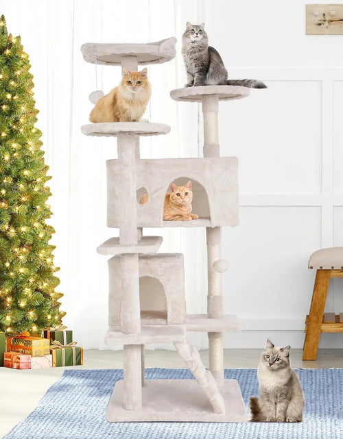 Load image into Gallery viewer, 54-In Double Condo Cat Tree Tower Playhouse with Scratching Post &amp; Perch for Indoor, Beige
