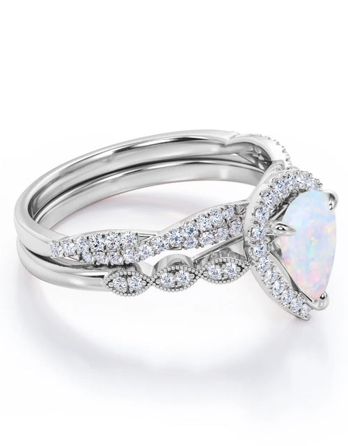 Load image into Gallery viewer, 1.5 Carat Pear Cut Lab Created Opal and Moissanite Vintage Engagement Ring - Halo Pave Bridal Set in 18K White Gold Plating for Women
