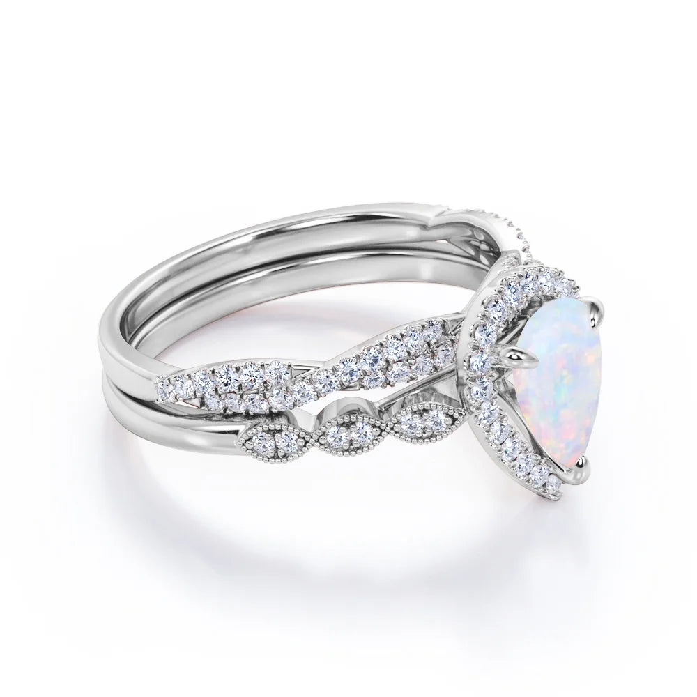 1.5 Carat Pear Cut Lab Created Opal and Moissanite Vintage Engagement Ring - Halo Pave Bridal Set in 18K White Gold Plating for Women